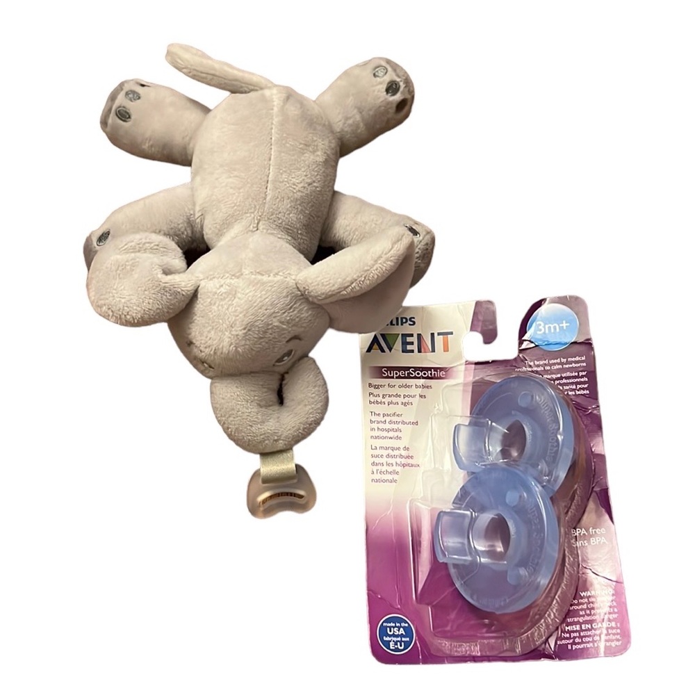 Phillips Avent Soothie Snuggle Elephant Pacifier Holder with 2 Pacifiers